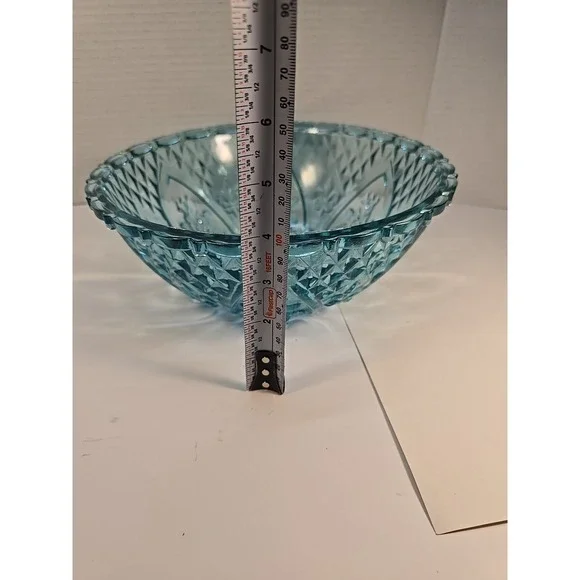 Vtg KIG Malaysia Aquamarine Pressed Glass Footed Serving Bowl Fleur De‎ Lis Rose - Picture 9 of 9